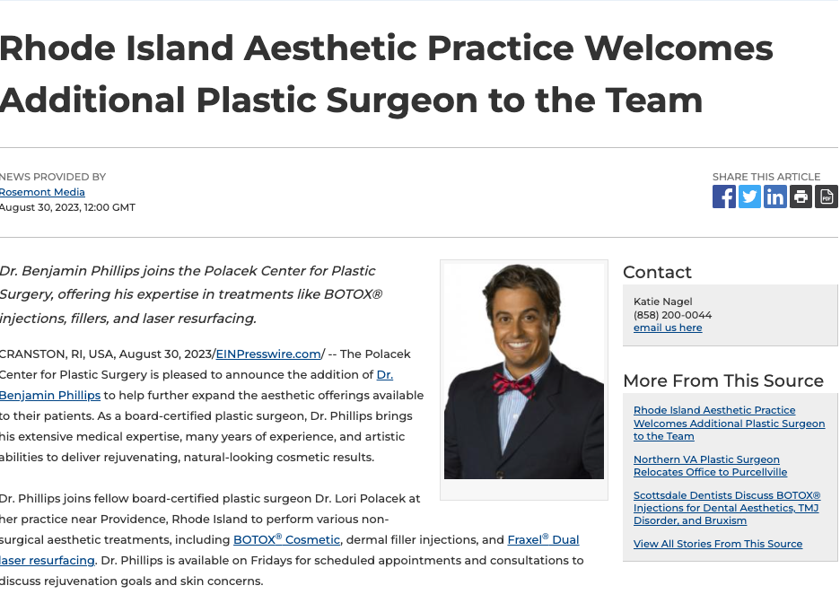 r. Benjamin Phillips joins aesthetic practice in Cranston, offering BOTOX Cosmetic, dermal fillers, and laser resurfacing.